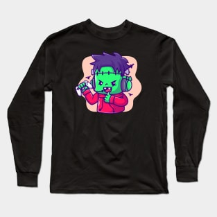 Cute Frankenstein Zombie Gaming And Thumbs Up Cartoon Long Sleeve T-Shirt